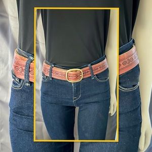 HAND TOOLED BROWN LEATHER BELT WITH BRASS BUCKLE